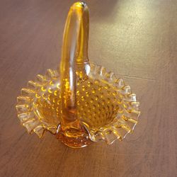 Vintage Fenton Amber Glass Colonial Hobnail Ruffled Handled Basket Candy Dish Marked. Pre-owned, perfect shape, no chips or cracks. It is 8.5" tall (i