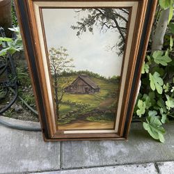 Vtg mid century 37”Oil Painting  rustic rural barn  signed Yolanda