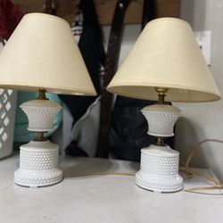 Pair Of Vintage White Milk Glass Hobnail Lamps
