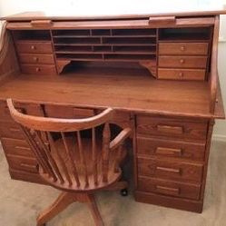 Oak Roll Top Desk & Matching Chair