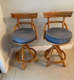 Vintage Bent Rattan/Bamboo Bar Stools - Pair