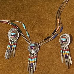 Turquoise Quoc QT Sterling Concho Necklace And Earrings Southwestern