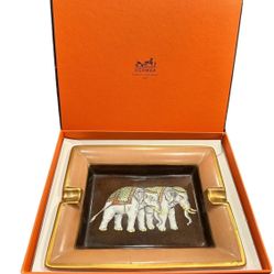 Rare Hermès French Porcelain Raj Double Elephant Design Rectangular Ashtray