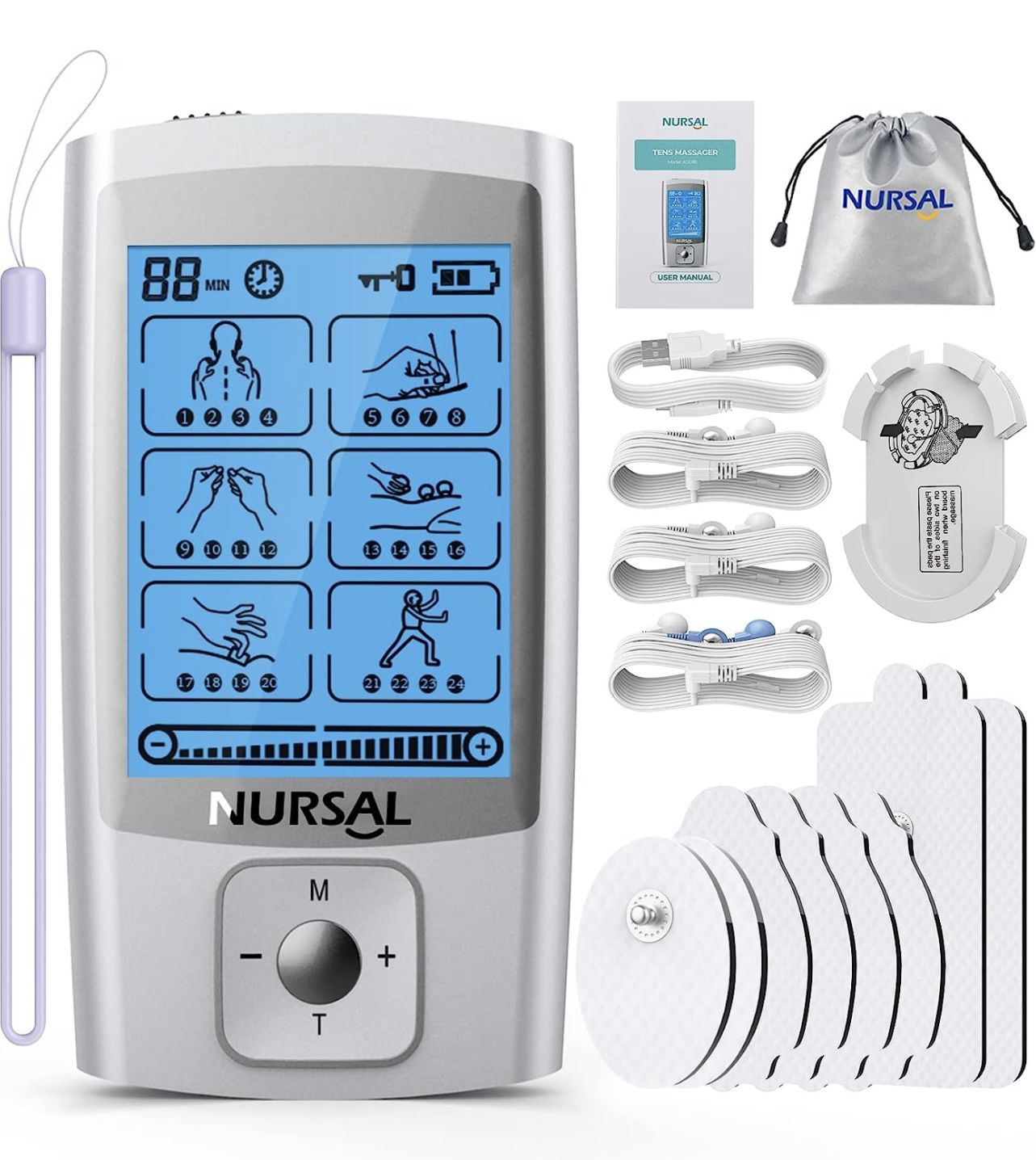 24 Modes TENS Unit Muscle Stimulator with Continuous Stimulation, Rechargeable Electronic Pulse Massager with 8 Pads for Back and Shoulder Pain Relief