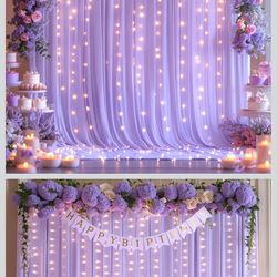 10x10ft Lavender Wrinkle Free Backdrop Curtains with Lights for Wedding Parties, Light Purple Polyester Photo Backdrop Drapes for Baby Shower Bridal S