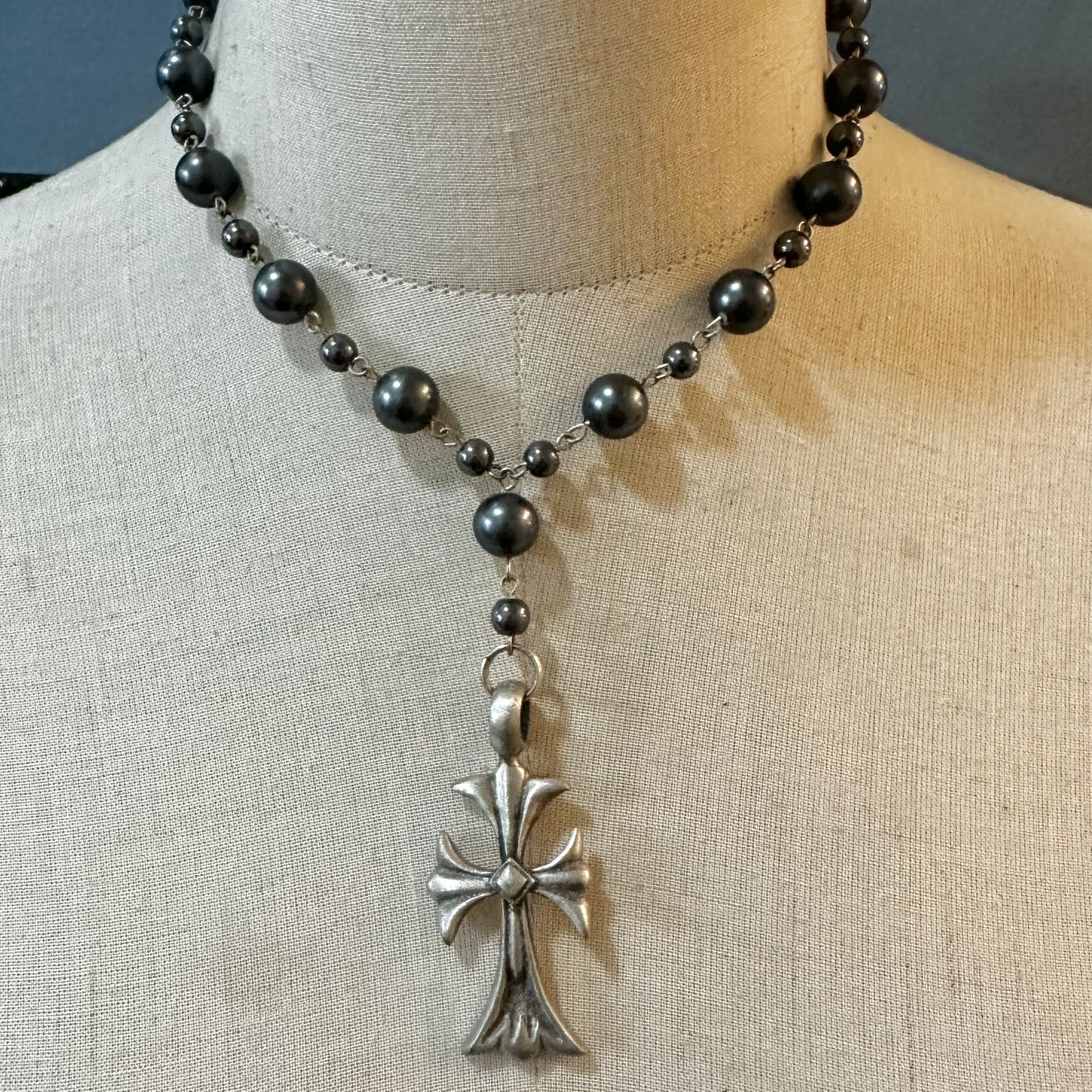 Grey Beaded Silver Tone Cross Pendant Necklace