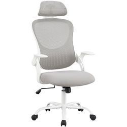 High-Back Ergonomic Mesh Chair with Lumbar & Headrest Support, Flip-Up Armrests, Ideal for Office, Study & Home Workstations, Grey


