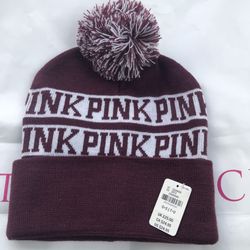 Victoria's Secret Pink Beanie Hat Burgundy/maroon White Logo