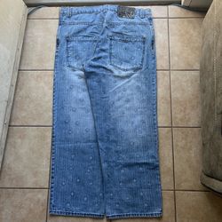 baggy wide leg y2k AOP marijuana leaf embroidery light blue wash muka jeans