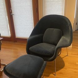 “Womb Chair” Replica - Blue Velvet Armchair with Ottoman 