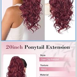 QGZ 20" Wavy Ponytail Extension, Claw Clip Ponytail Hair Extension, Natural Synthetic Hairpiece for Women Daily Use(Burgundy)