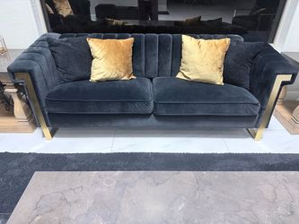 Black Velvet Sofa with Gold Metal Legs