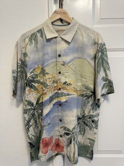 Tommy Bahama Men Silk Caribbean Beach Button Shirt Small Beige Short Sleeve $30