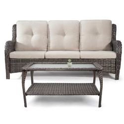 New Assembled Patio Set 2-Piece Wicker Outdoor Conversational Patio Rattan Loveseat & Coffee Table