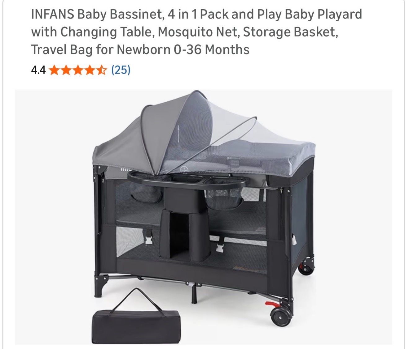 INFANS Baby Bassinet, 4 in 1 Pack and Play Baby Playard w Changing Table, Mosquito Net, Storage Bag