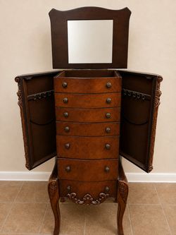 Beautiful Wood Jewelry Armoire with Mirror – 7 Drawers & Necklace Storage