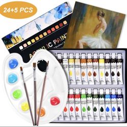 Acrylic Paint Set 24 Colors with 3 brushes, 1 Palette, 1 Canvas, Perfect for Canvas, Wood, Ceramic, Fabric, Non Toxic & Rich Pigments