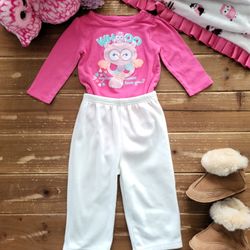 18MOS 2-PIECE OUTFIT FUSCHIA OWL LONG-SLEEVE BODYSUIT W/WHITE FLEECE LOUNGE PANT