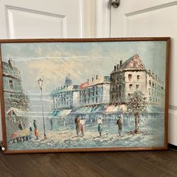 Vintage Oil Painting of Eropian Street Scene by Artist 25/38 Inches