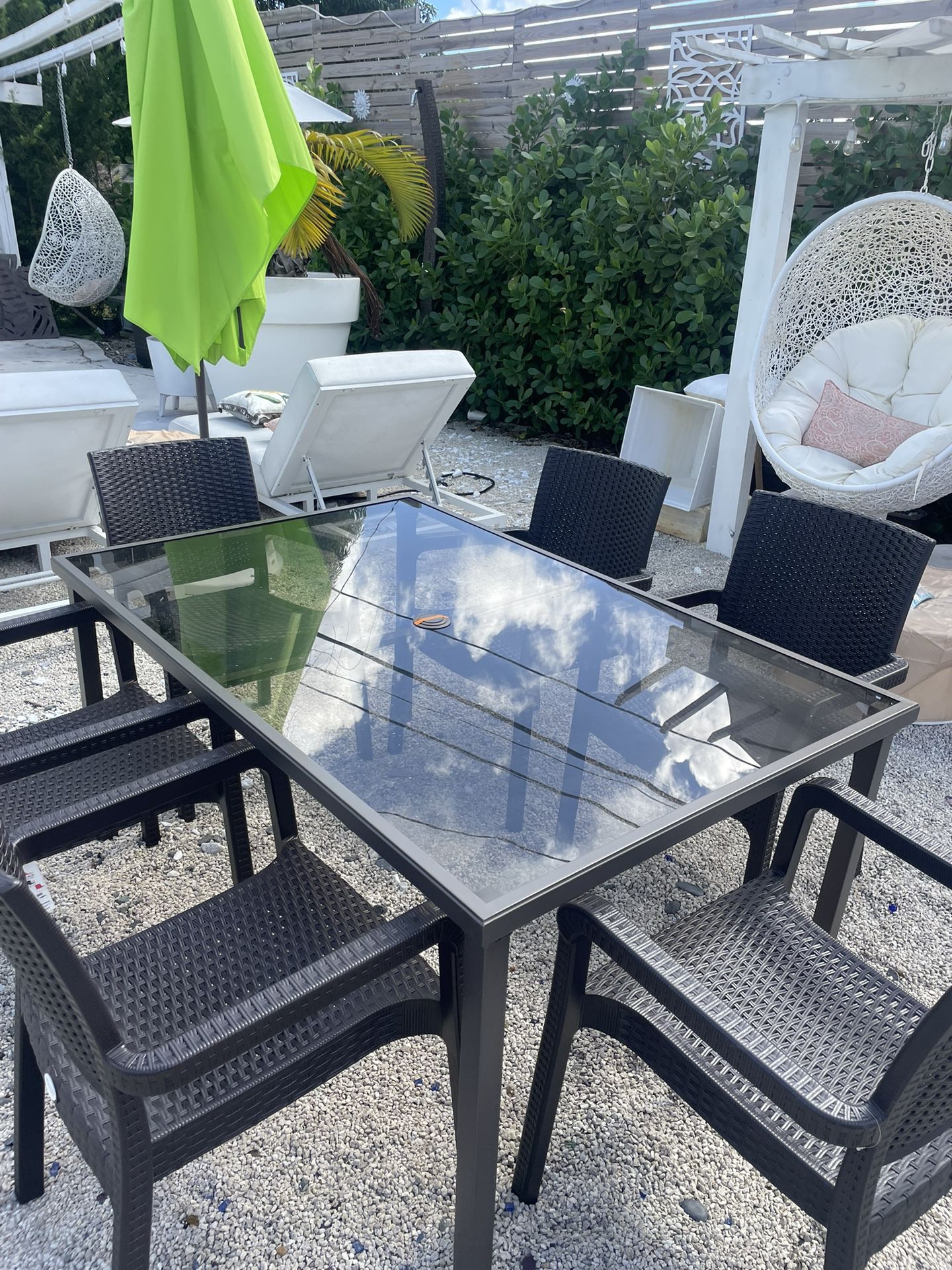 Outdoor Patio Tempered Frosted Glass NEW Table With 6 Outdoor Patio Stackable NEW Chairs 