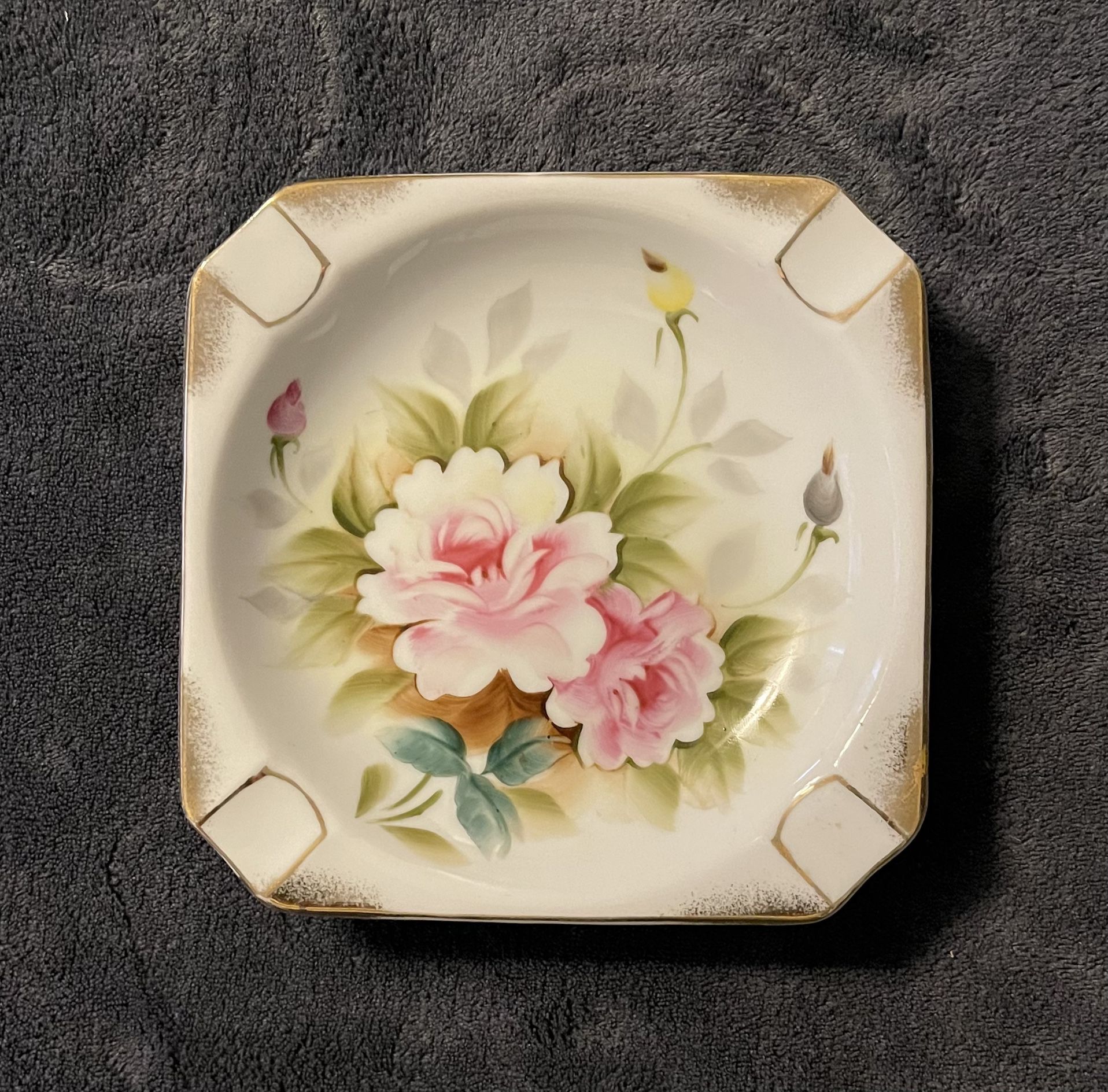 Beautiful Vintage Hand Painted Porcelain Ashtray With Pink Roses and Gold Trim.