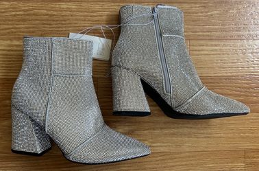 Silver Rhinestone Block Heel Ankle Boots