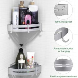 Set 2 Shelves Grey Comer Bathroom  Shelf Wall Mounted 