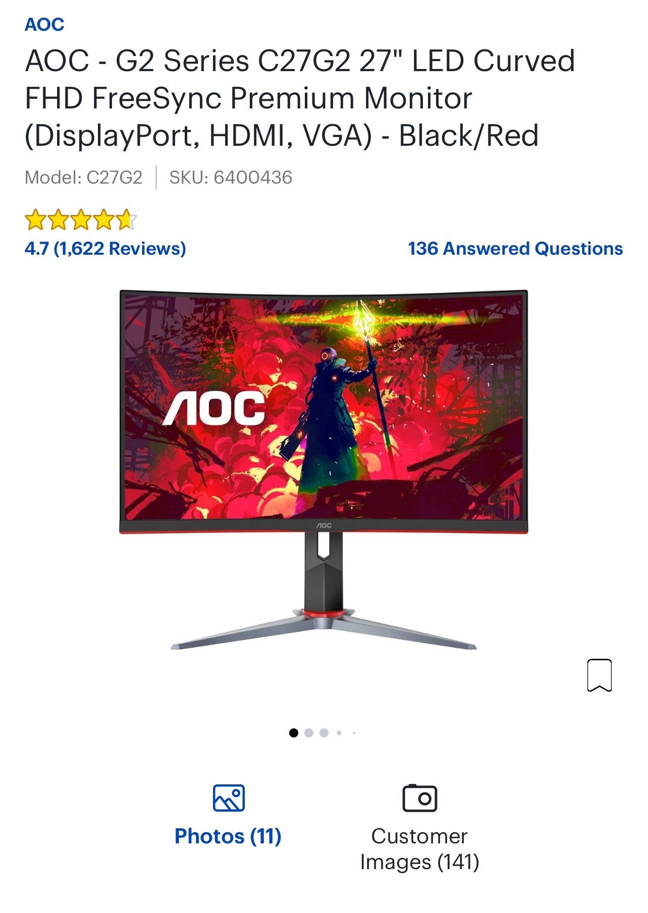 AOC - G2 Series C27G2 27" LED Curved FHD FreeSync Premium Monitor