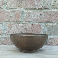 Vintage Small Brass Floral Etched Footed Bowl 