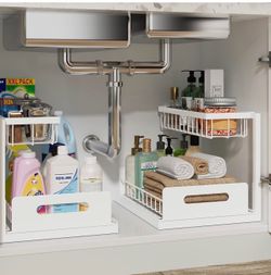 Under Sink Organizer, Pull Out Cabinet Organizer, 2 Tier Metal Slide Out Shelf with L Shaped Design, Under Cabinet Storage for Kitchen, Bathroom, Laun