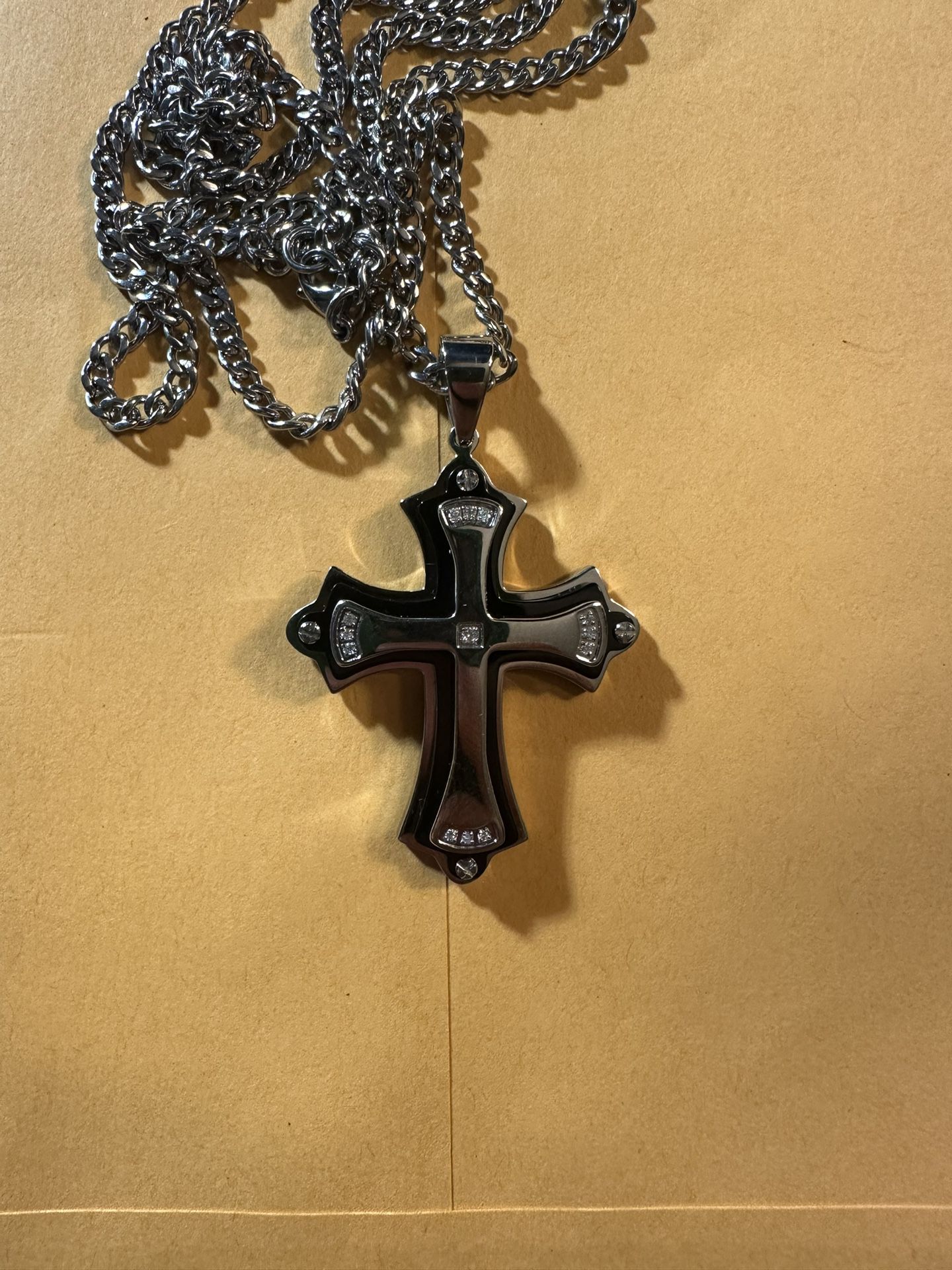 Two Tone Stainless Cross Necklace With Diamonds 