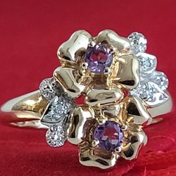❤️10k Size 6.25 Beautiful Solid Yellow Gold Amethyst and Genuine Diamonds Flower Ring!/ Anillo de Oro Floral con Amatista y Diamantes!👌🎁