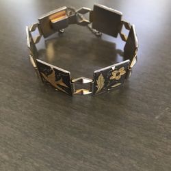 Vintage  Damascene  Black Gold Tone Link Bracelet  With Birds And Floral Scene 
