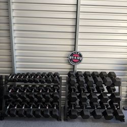 Top quality ⭐️New pair of 5lb-100lb (5lb increments) rubber dumbbells with 2 racks. New in box 📦 $2,510