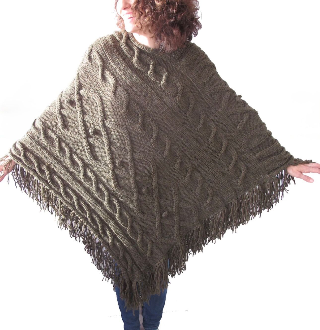 Afra Handknitted wool poncho, brown.  