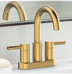 allen + roth Harlow Simplefit Brushed Gold 4-in centerset 2-handle WaterSense Mid-arc Residential Handle Bathroom Sink Faucet with Drain with Deck Pla