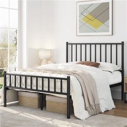 Minimalist Metal Bed Frame with Spindle Headboard and Footboard, 13 Inches Underbed Storage, 12 Built-in Metal Slats, No Box Spring Needed