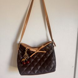 LOVEVOOK Quilted Brown Shoulder Bag Cherry Charm Bow Zip Multi Pockets Anti-The…