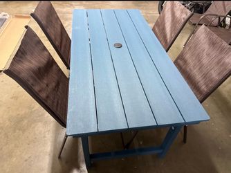 Patio Dining Set – Teal Poly Slat-Top Table + 4 Sling Chairs – Weatherproof