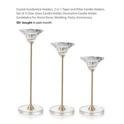Brand new Set of 3 Clear Glass Candle Holder, Crystal Candlestick Holders, 2 in 1 Taper and Pillar Candle Holders, Decorative Candle Holder Candelabra