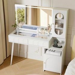 Modern White Vanity Desk w/ Large LED Mirror, Arch Drawers + Side Cabinet | New | Aesthetic
