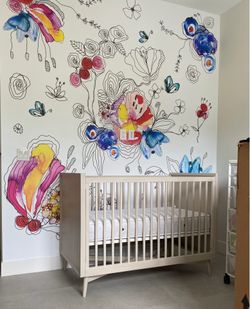 West Elm × Pottery Barn Kids Mid-Century Convertible Crib (Pebble) + Toddler Rail + Mattress
