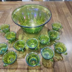 Vtg Indiana Princess Green Carnival Glass Punch Bowl & 12 Cup Set - Bowl Chip