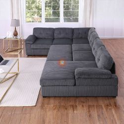 Corduroy Pull-out Sleeper Sofa Bed Sectional Couch With Storage Chaise