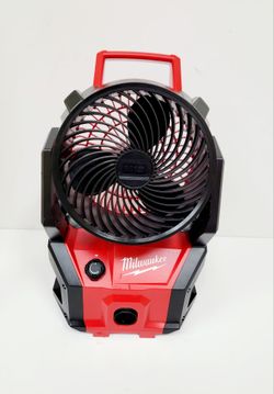 Milwaukee M18 PACKOUT fan is model number 0818-20. This red and black unit has a brushless motor and a variable speed dial. It is compatible with the 