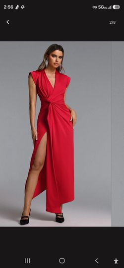 Elin Chic Contour V Neck Twisted High Slit Knit Maxi Dress