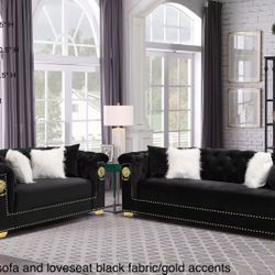 New Black Fabric Sofa And Loveseat Gold Legs/nailhead/accent Pillows 2pc Set