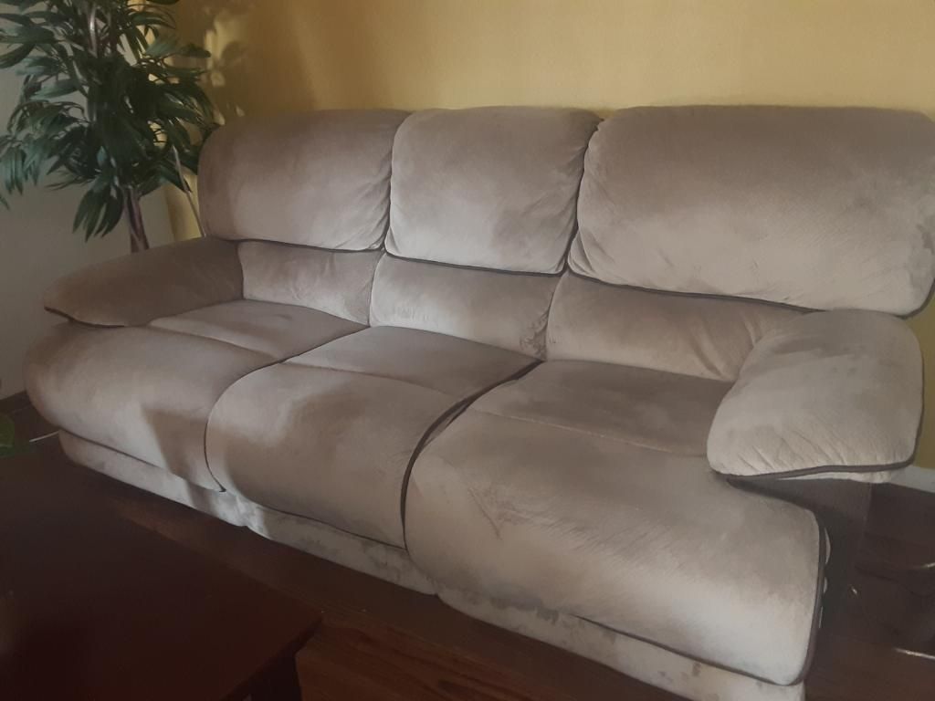 Tan colored recliner couch with chair