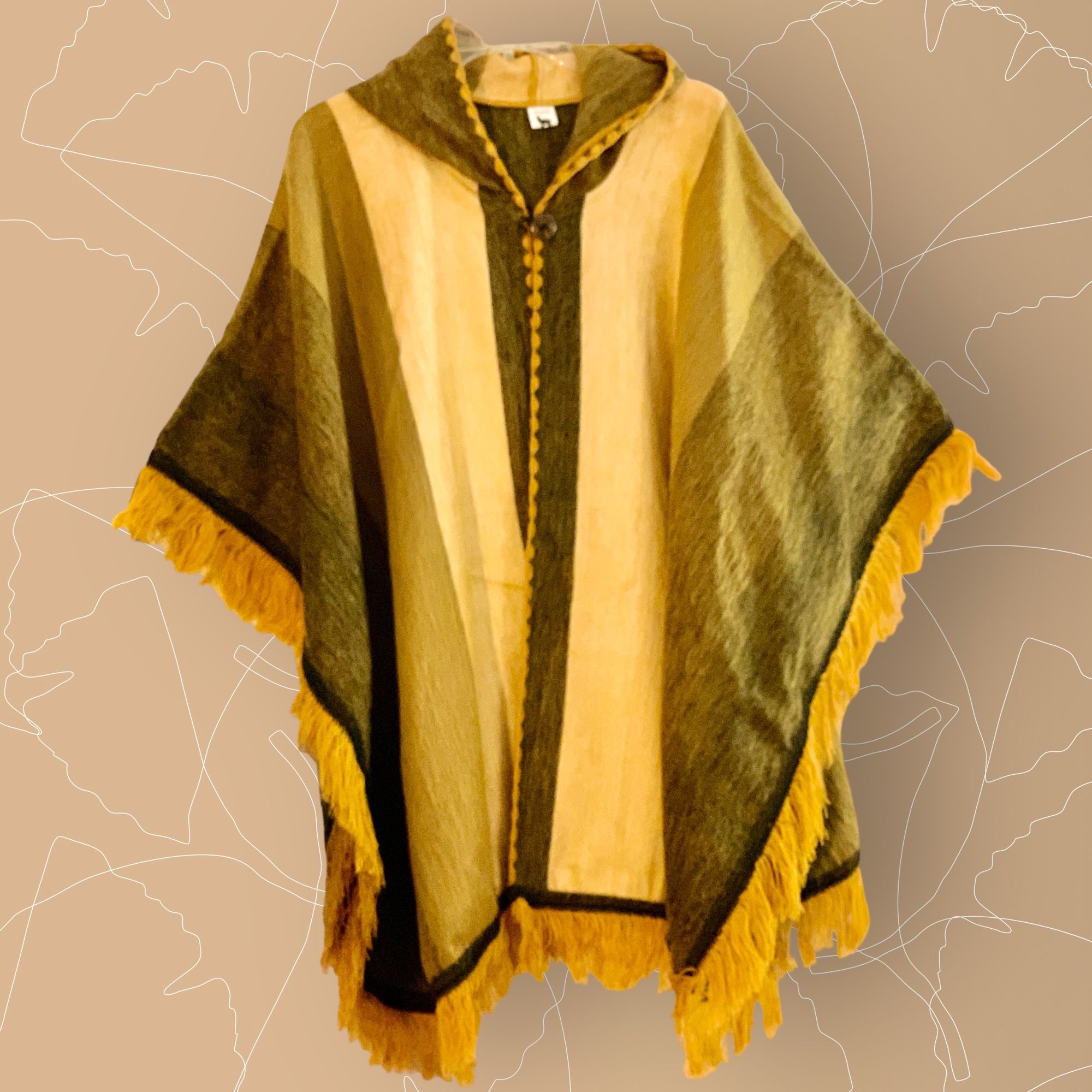 Soft Alpaca Hand-knitted Poncho With Hood. Open Style Handmade By Artisans Of South America,Color Yellow And Brown. One Size. New Handmade.