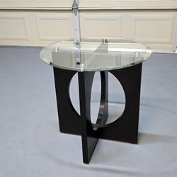 Round Glass Coffee Table with Black Solid Wood Frame
